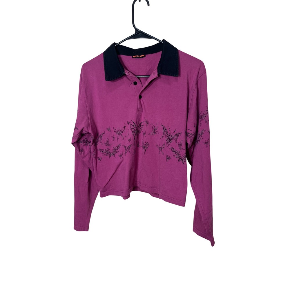 Hot Lava‎ Crop Rugby Top Purple Long Sleeve Butterfly Print Polo Shirt M